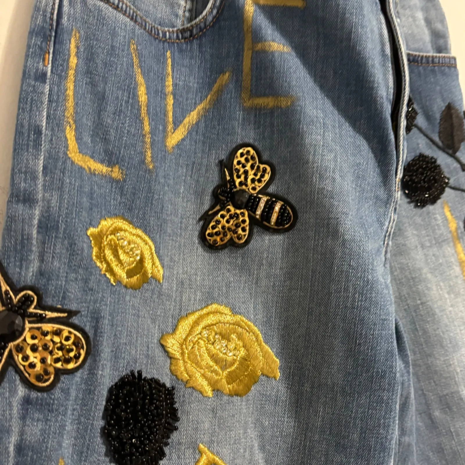 Escada Embellished Denim Jeans Live Laugh Love Butterfly Bee Roses size 32" Blue - Image 2