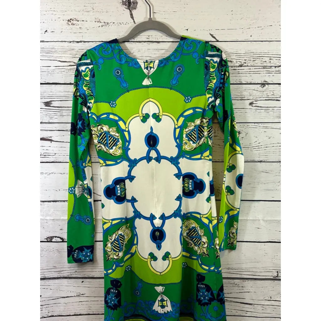 Women's by Julie Brown Long Sleeve Dress S Green Blue Patterned - Image 2
