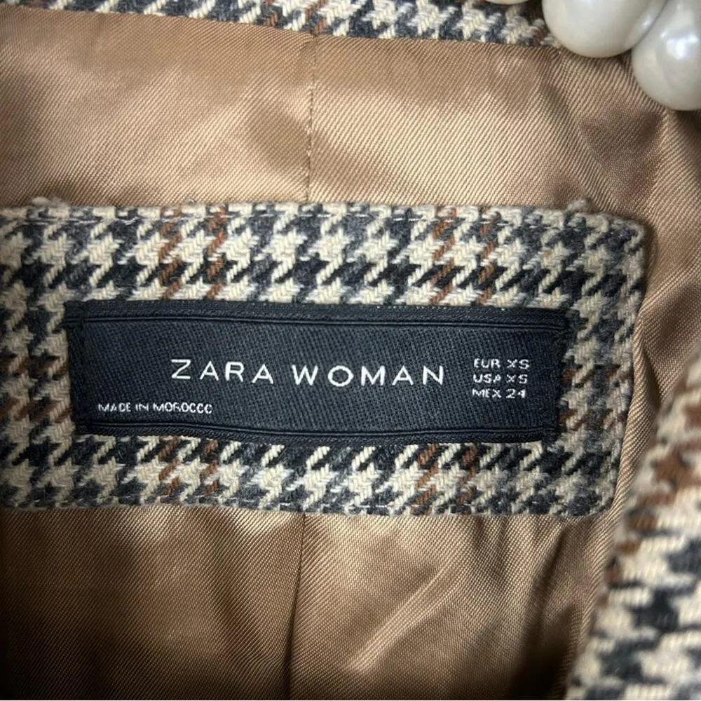 Zara Wool Blend Brown Houndstooth Knit Blazer Jacket Size XS - Image 6