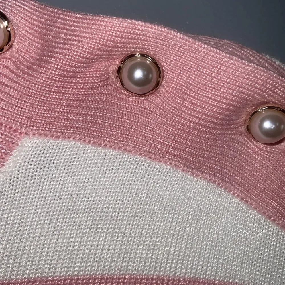 Investments Pink & White Striped Mock Neck Pearl Button Shoulder Knit Top Lg - Image 4