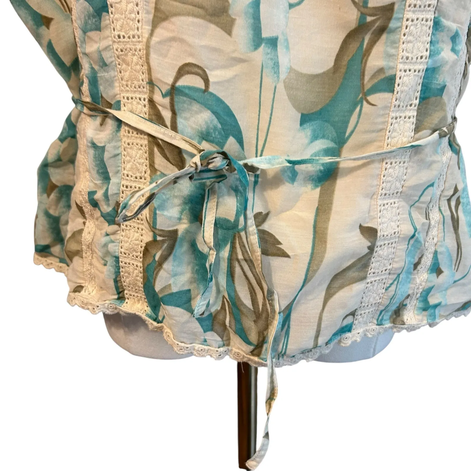 Nygard Collection Silk Blend SZ 12P Crochet Tie Back Cap Sleeve Boho Chic Floral Blue Size M - Image 6