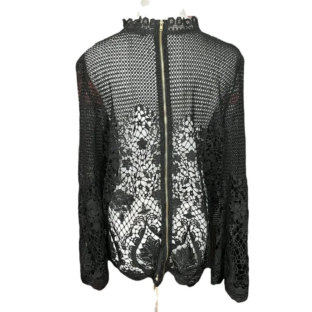 Bold Elements Black Crochet Lace Sheer Long Bell Sleeve Top XL - Image 3