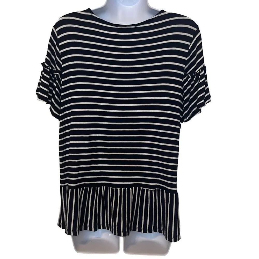 Pleione Navy White Stripe Ruffle Sleeve Peplum Knit Top Medium Preppy Nautical - Image 2