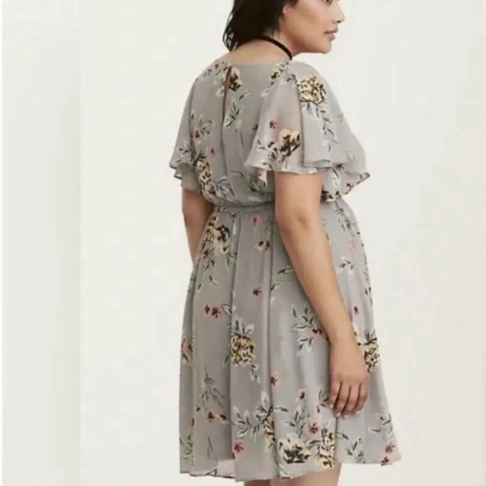Torrid Gray Floral Ruffle Sleeve Chiffon Skater‎ Flare Dress Size 2X - Image 2