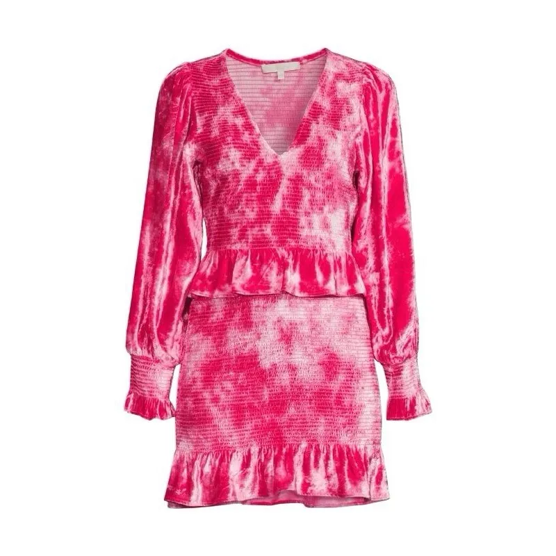 Loveshackfancy Evan Mini Dress Womens Medium Pink Tie Dye Velvet‎ Ruffle Smocked - Image 2