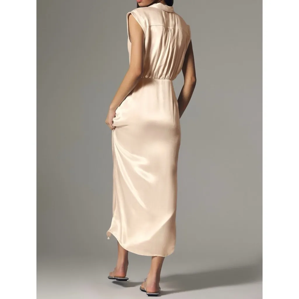 Anthropologie | Sleeveless V-Neck Twist-Front Faux Wrap Satin Dress - Image 13