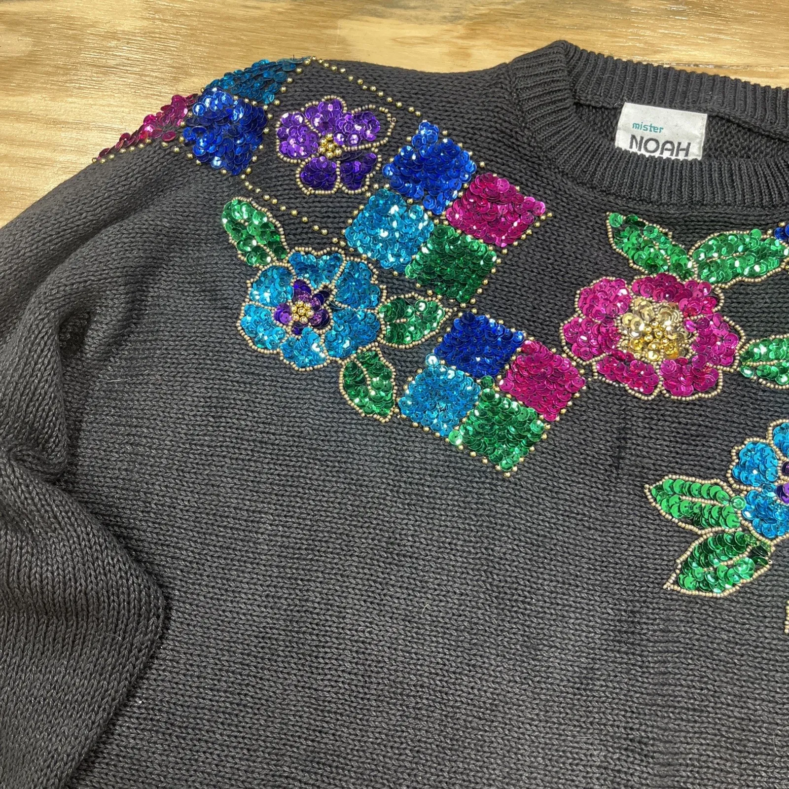 Vintage Mr Noah Floral Christmas Sweater Embroidery Sequins Black Size Medium - Image 3