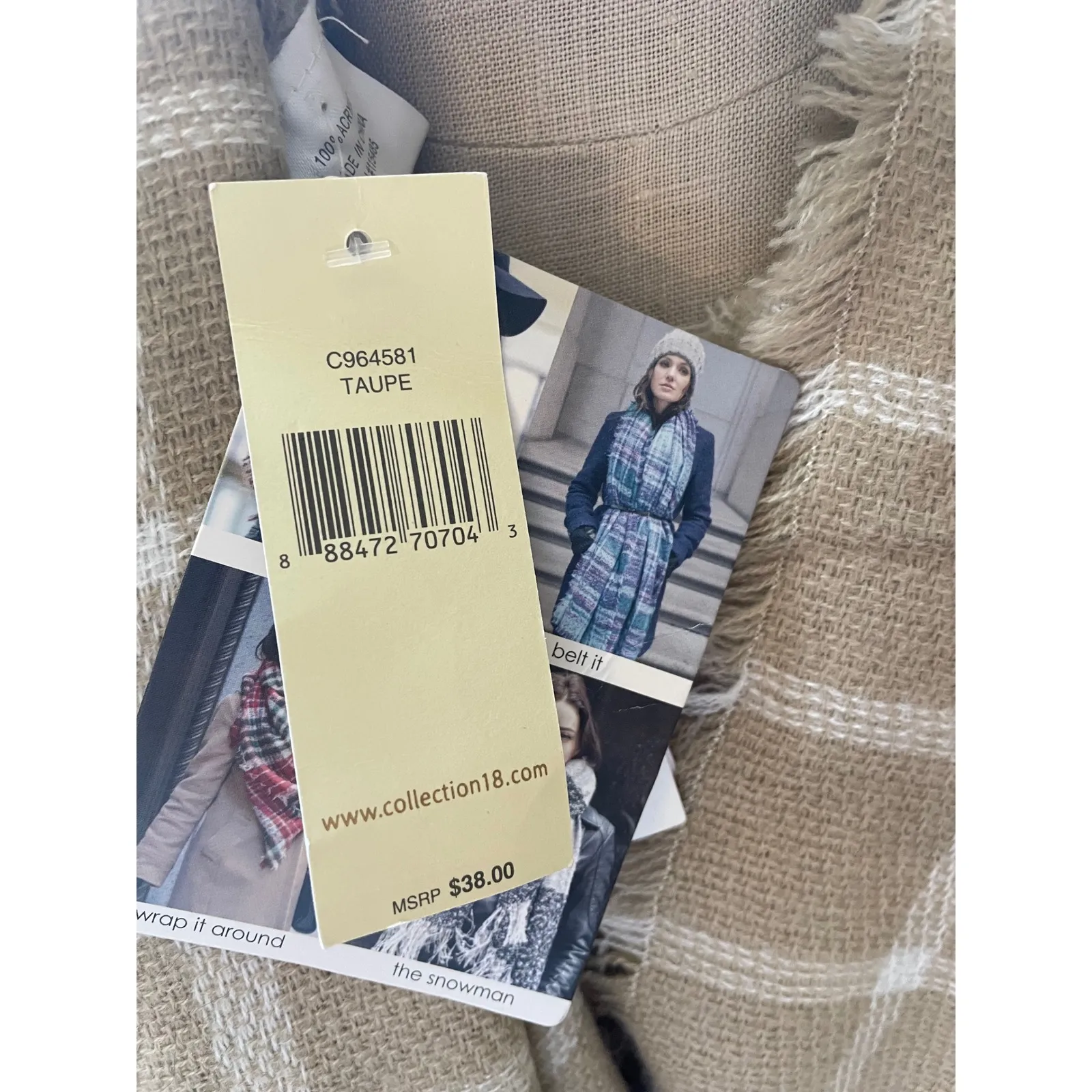 Collection 18 Taupe Plaid Fringe Scarf Acrylic New with Tags MSRP $38 Tan - Image 3