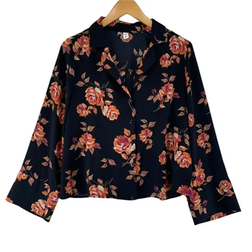 BP Brass Plum Button Front Shirt Womens Small Black Floral Polyester Wide Sleeve Size undefined - Image 1