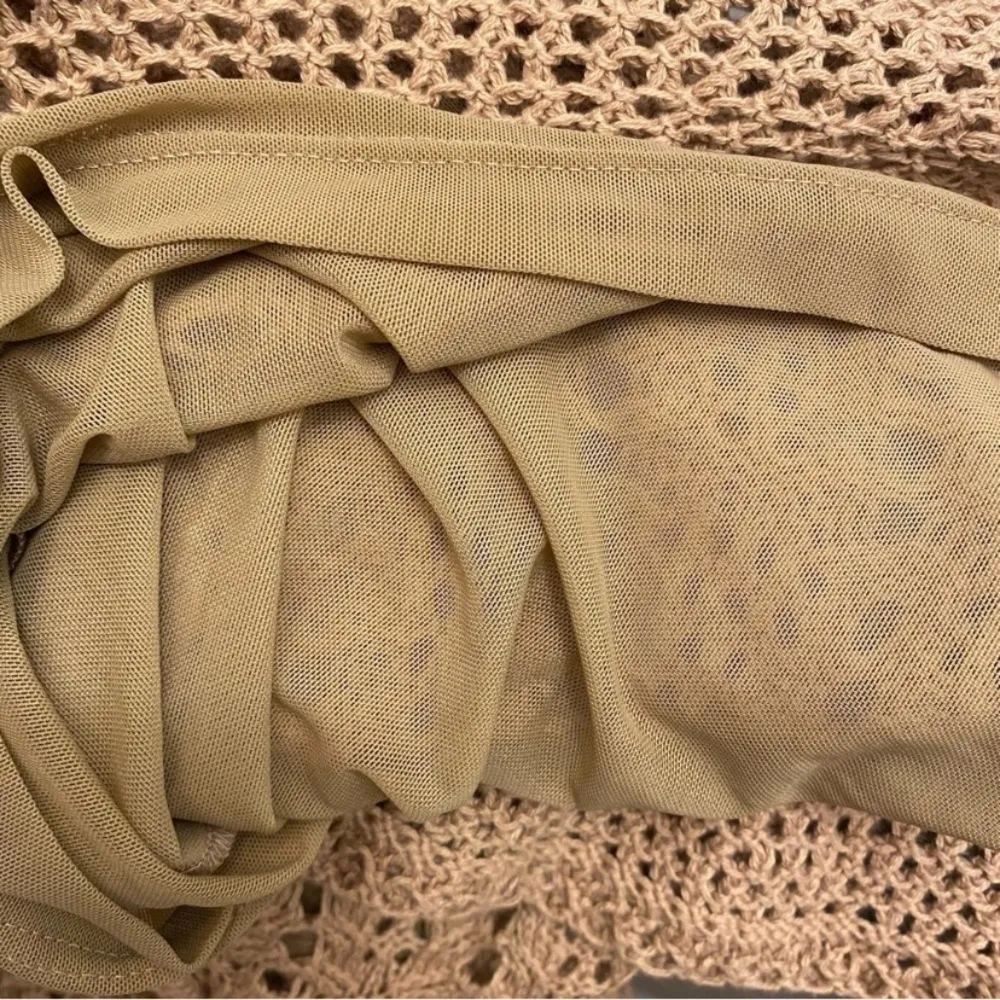 Crochet Knit Short Sleeve Boho Mini Dress / Beach Cover Up Tan - Image 9