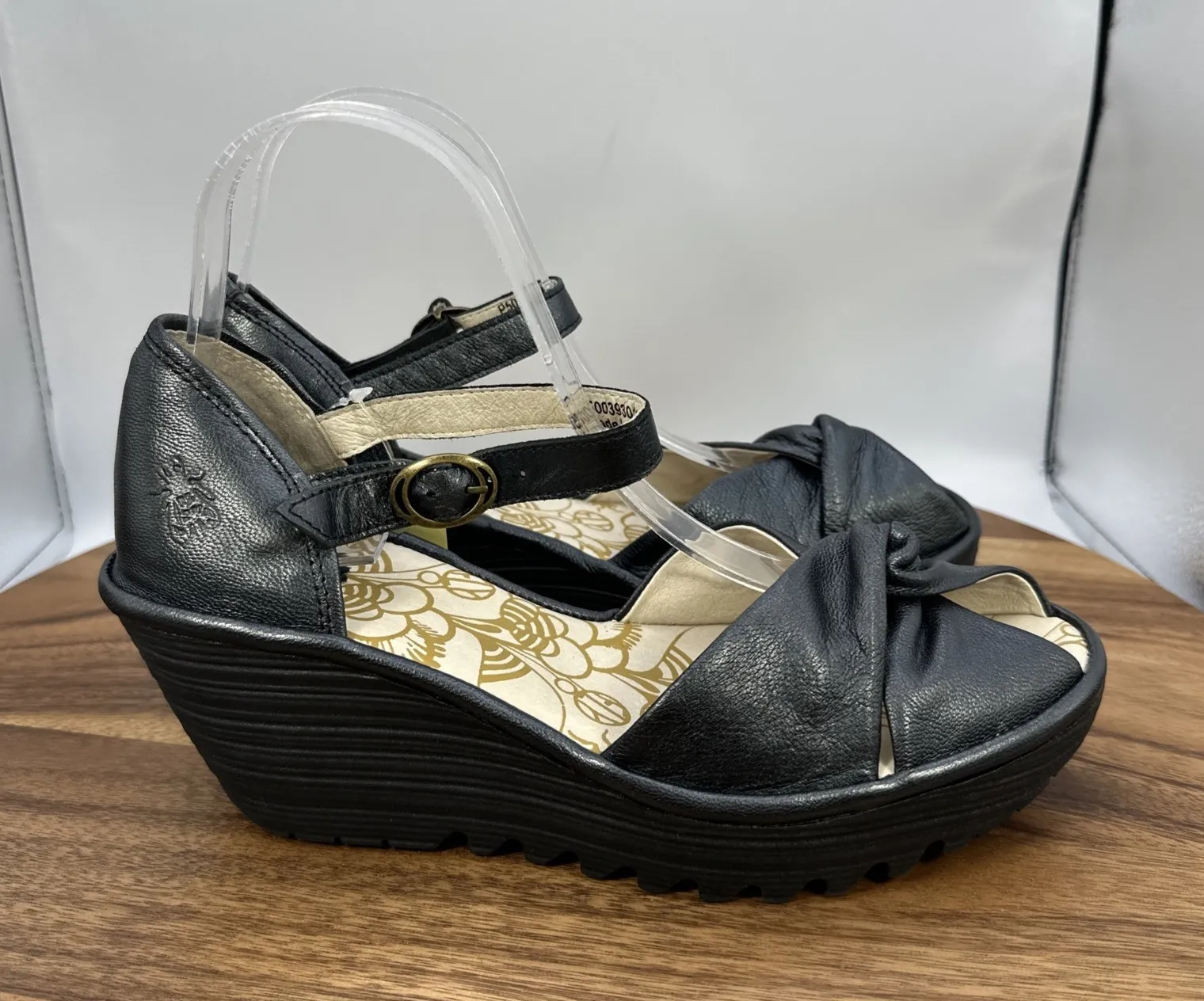 NWT Fly London Yuka Wedge Peep Toe Sandals Shoes Black Leather Size 39 US 8-8.5 - Image 1