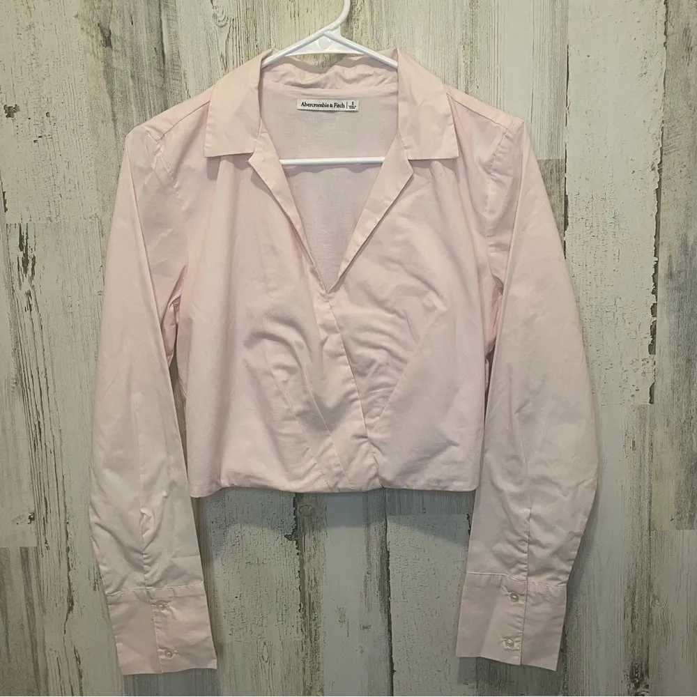 ABERCROMBIE & FITCH Long-Sleeve Poplin Wrap Modern-Oxford Top- Light Pink Size S - Image 2