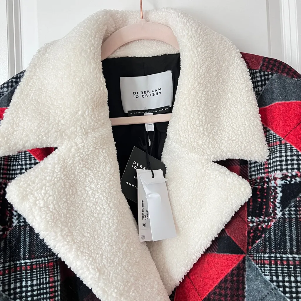 Derek Lam 10 Crosby Hayden Quilted Red Black Faux Fur Coat Peacoat‎ Large - Image 7