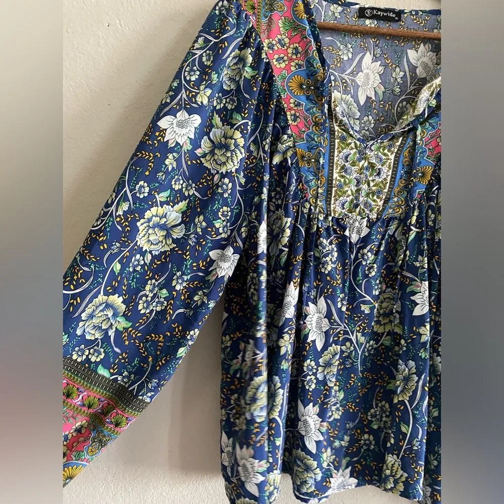 Kaywide Women's Casual Boho V Neck Floral Printed Long Sleeve Blouse XL Casual - Image 5