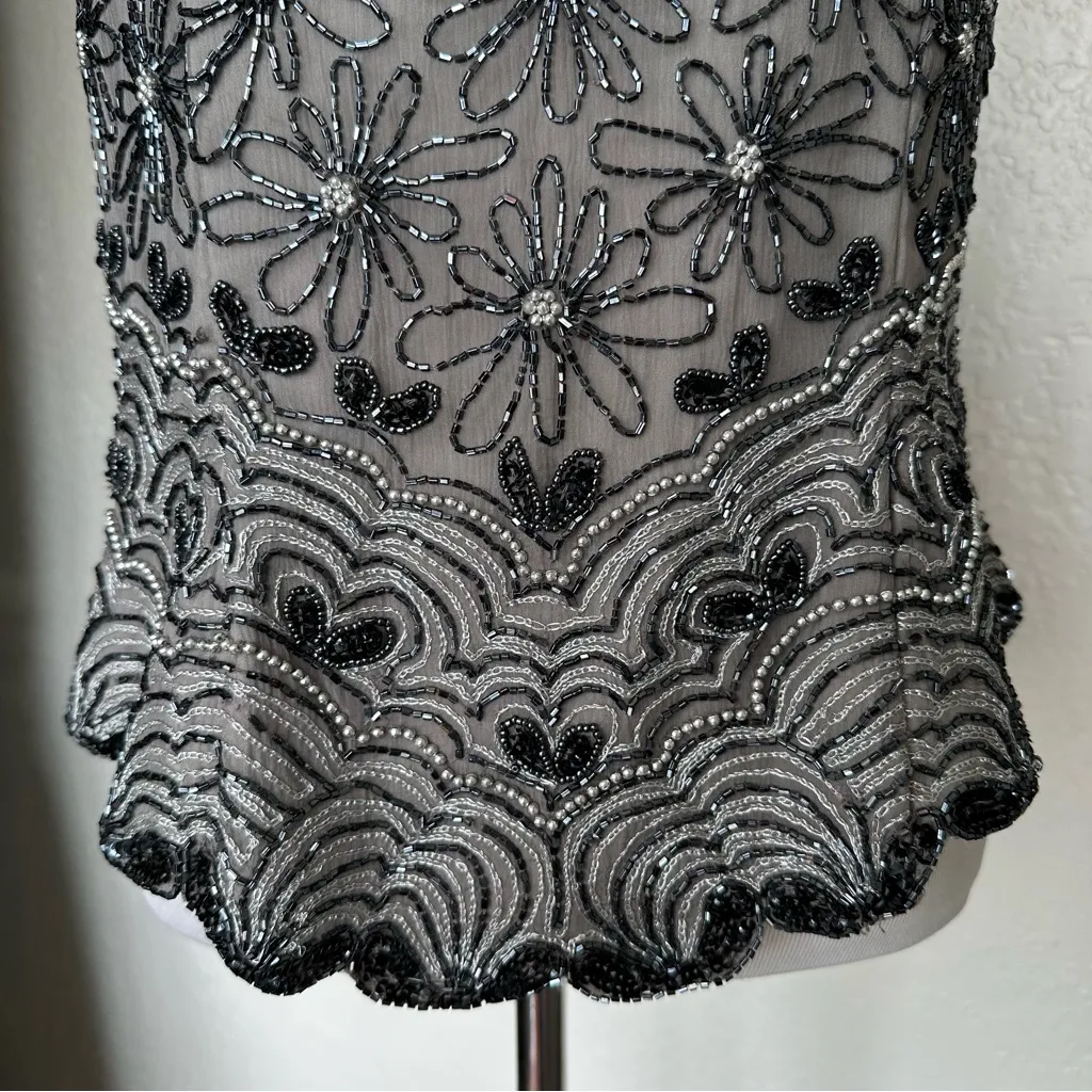 Papell Boutique Vintage Gray Black Beaded Mock Neck Tank Top shell 100% silk (L) Silver Size L - Image 5