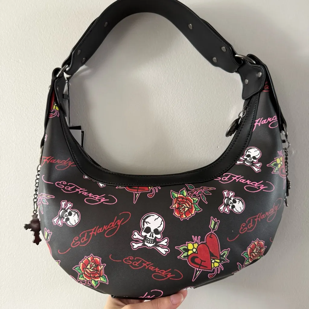 Ed Hardy Black and Pink Studded Shoulder Bag - Image 4