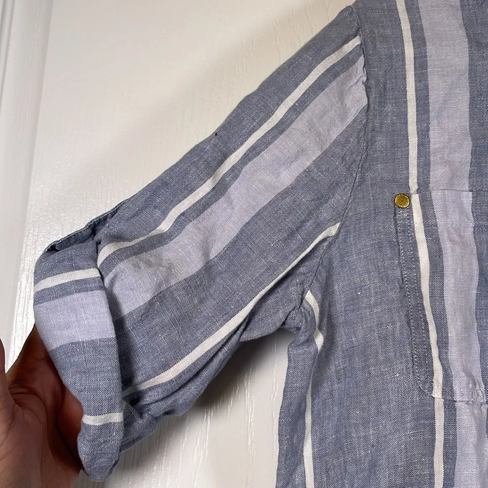 Women's Ellen Tracy Blue White Striped Folded Sleeves Pockets Linen Blouse Large - Image 3