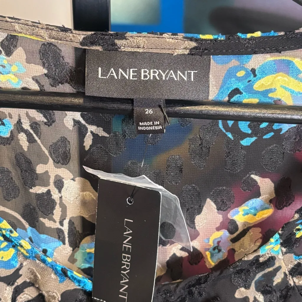 Lane Bryant Floral Ruffle Black Blue Semi Sheer Blouse Size 26 New 4X - Image 6