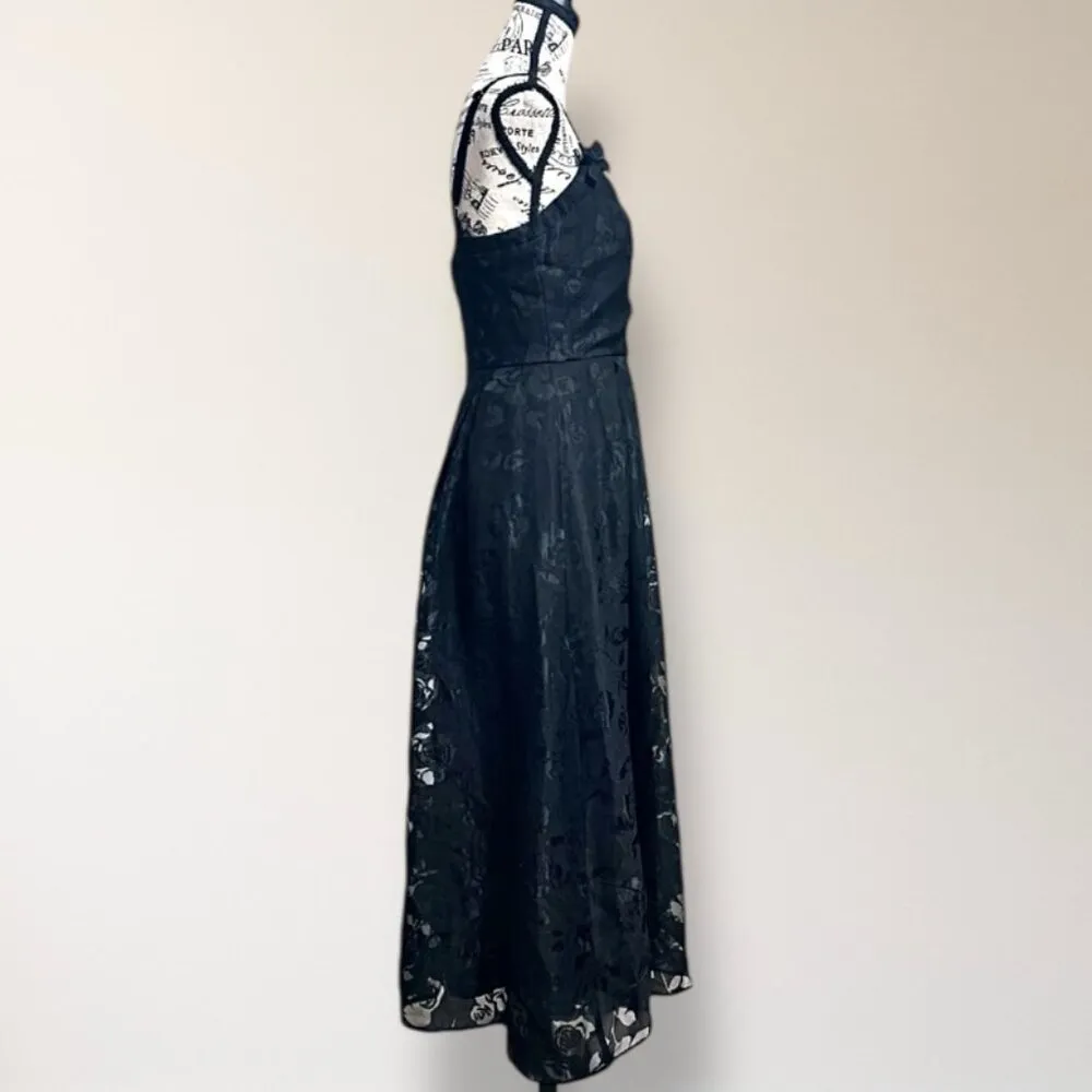 Lulus Flirtatious Crush S Black Burnout Pleated Bow Midi Dress Party Wedding - Image 4