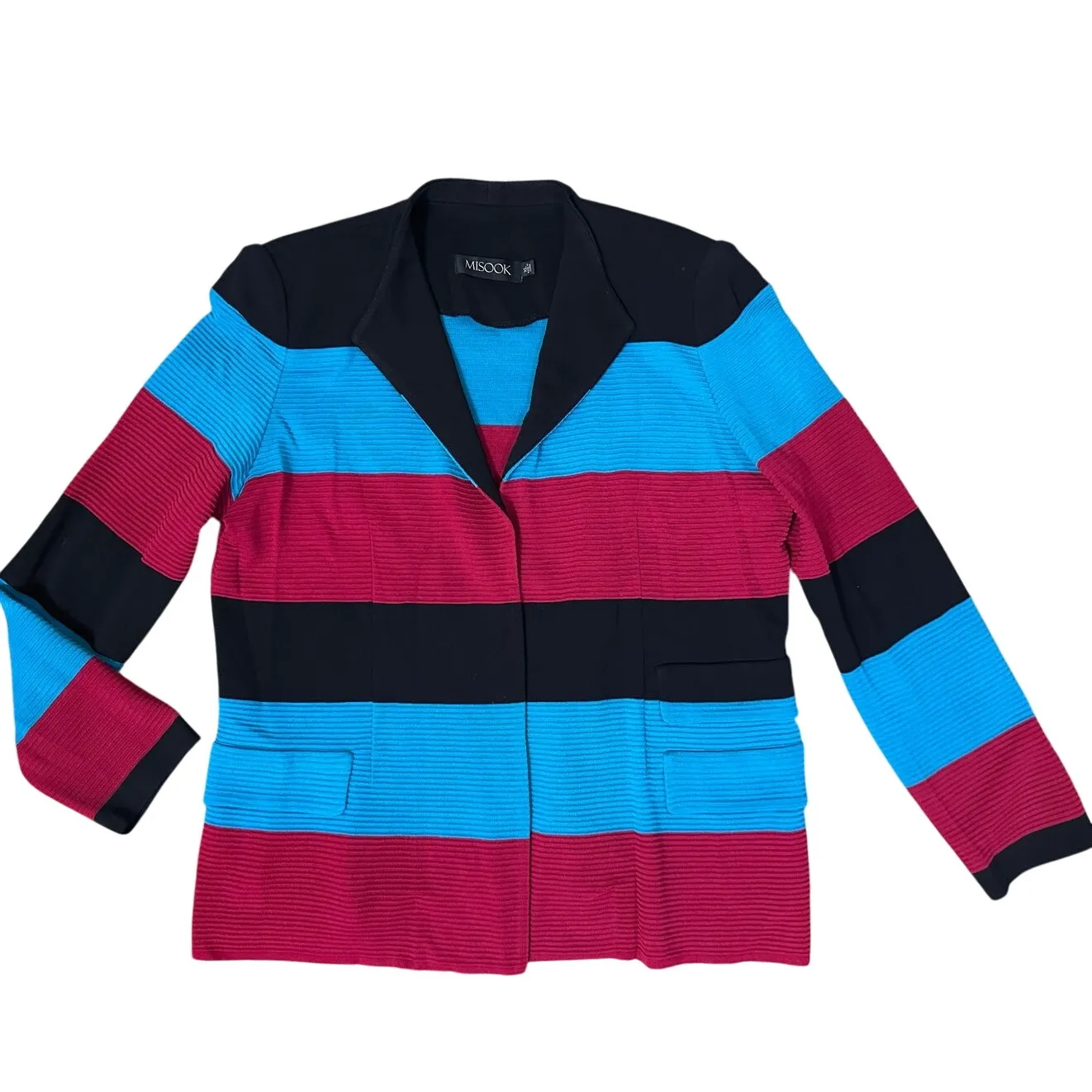 MISOOK Cardigan Jacket Pink & Blue Color Block Ribbed Open Front Knit - Image 2