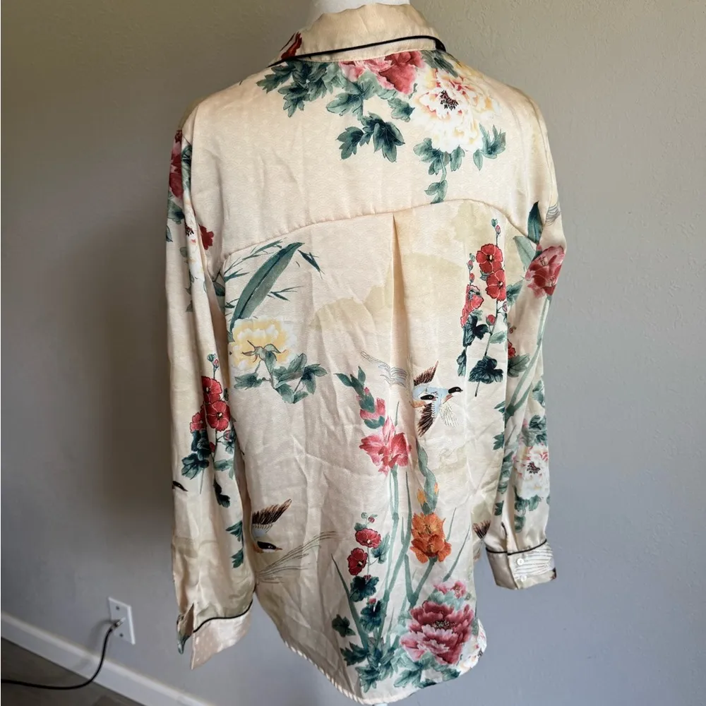 Zara Basic Cream Floral Bird Print Sleek Long Sleeve Sleep Top Womens L Basic - Image 4