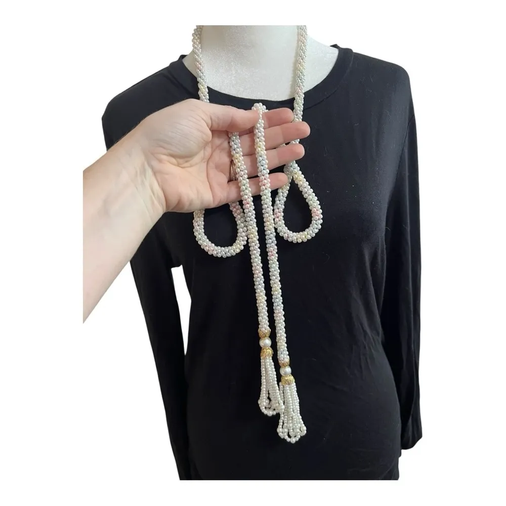 VTG Faux Pearl Beaded White Gold Rainbow Thread Tassel Strand Belt Sash Elegant - Image 6