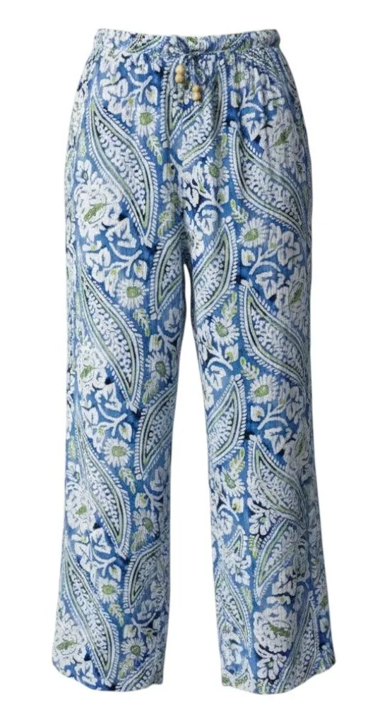 Blue Paisley Floral Wide Leg Pants L Boho Coastal Festival Beachy Resort Cruise Size L - Image 1