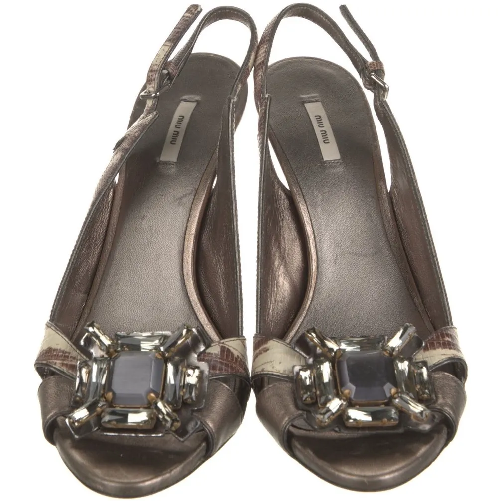 Miu Miu Metallic Slingback Heels with Jewels - Image 4