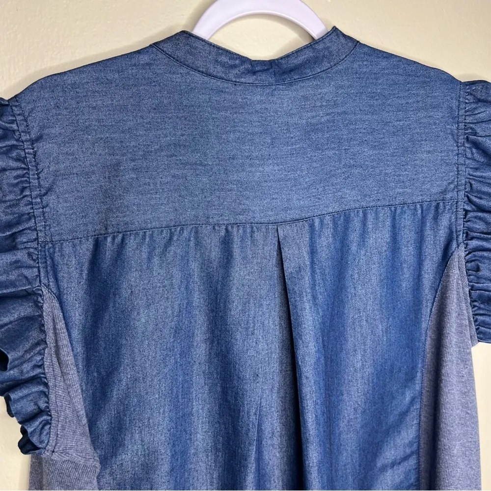 NY Collection Woman Dark Wash Cotton Chambray Flutter Sleeve Button Front Top - Image 9