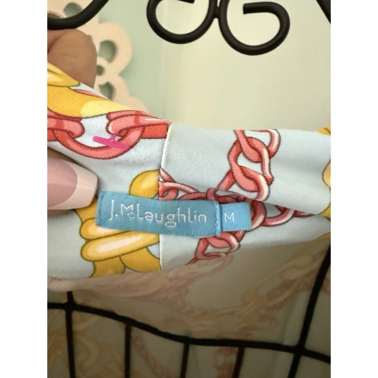 J.McLaughlin Faux Wrap Catalina Cloth Dress Blue Pink Chains M Stretch Slimming - Image 5