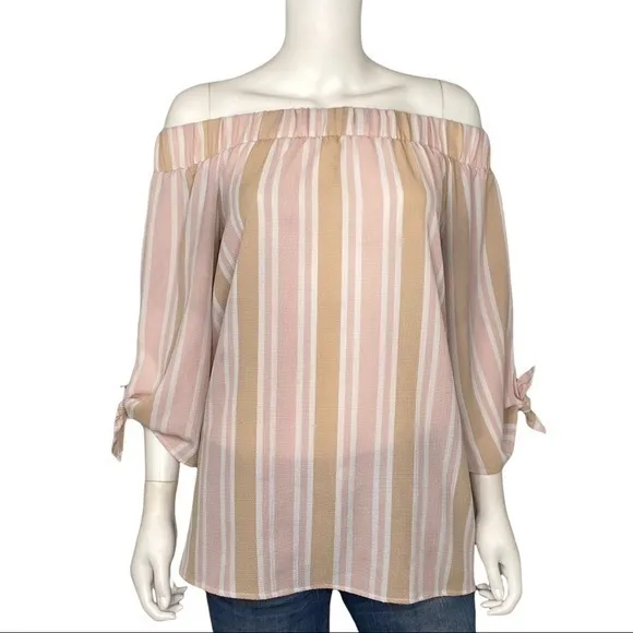 Belle Tweed Pink Striped Off Shoulder Top S Tie Sleeves Boho Spring Summer Cute - Image 2