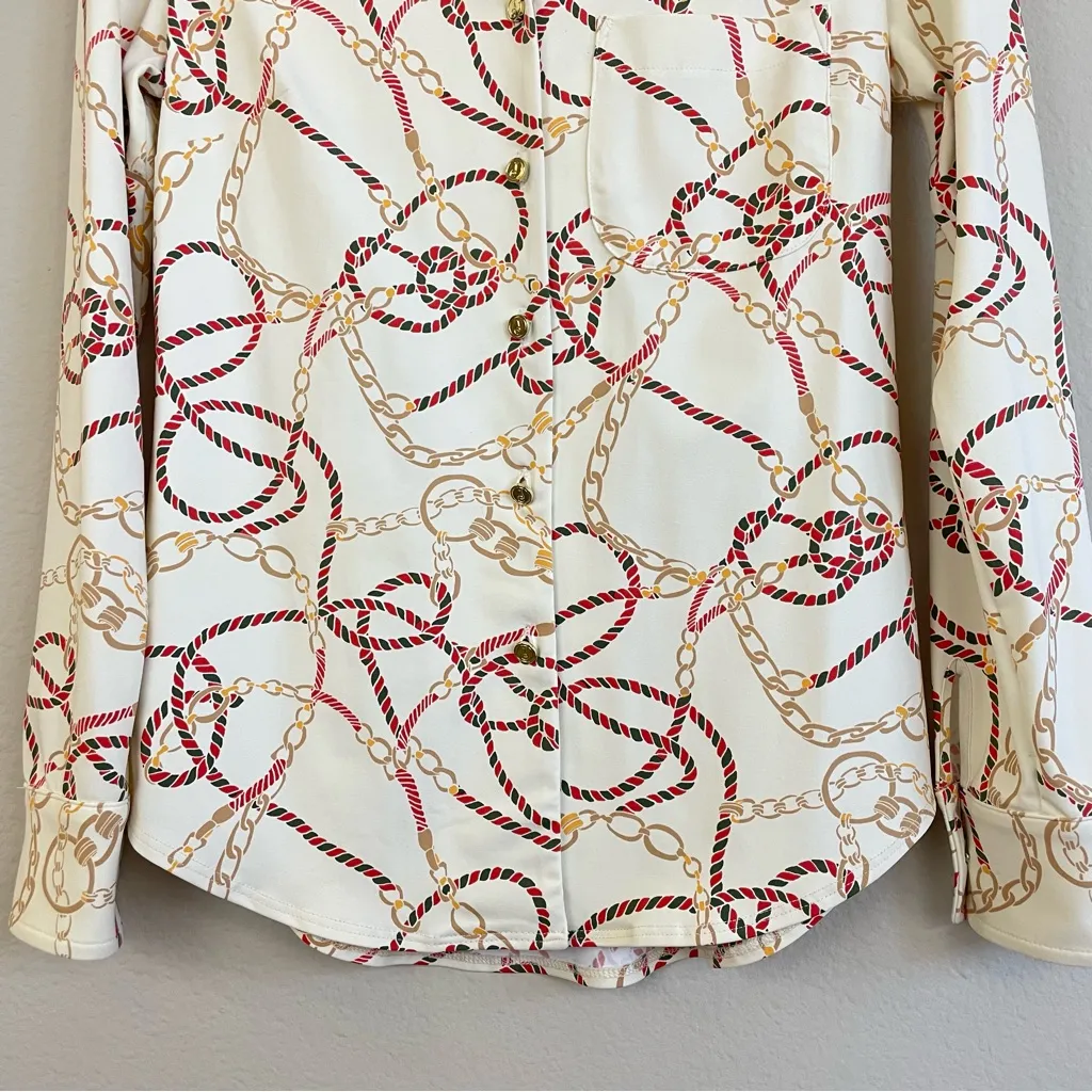 Jude Connally Taylor Blouse Ribbons and Chains Printed Button Up Equestrian Top Red Size XS - Image 7