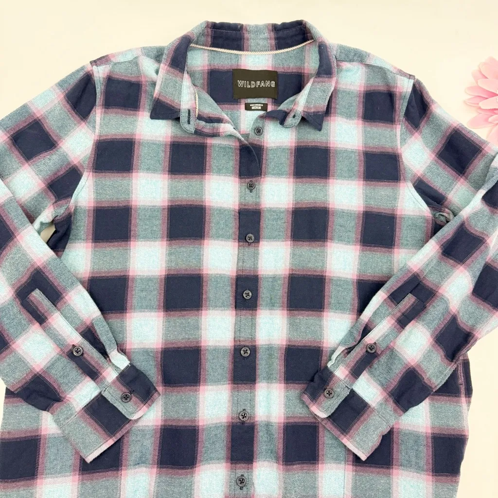 Wildfang The Essential Flannel Long Sleeve Shirt Dress Shacket Plaid Blue Pink Size M - Image 5