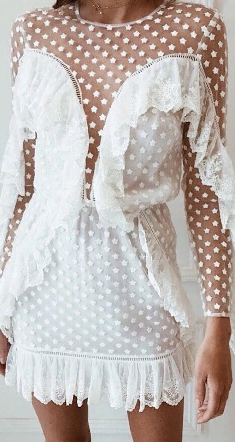 Alice McCall Forever Young White Lace Illusion Ruffle Mini Dress US 2 Bridal - Image 1