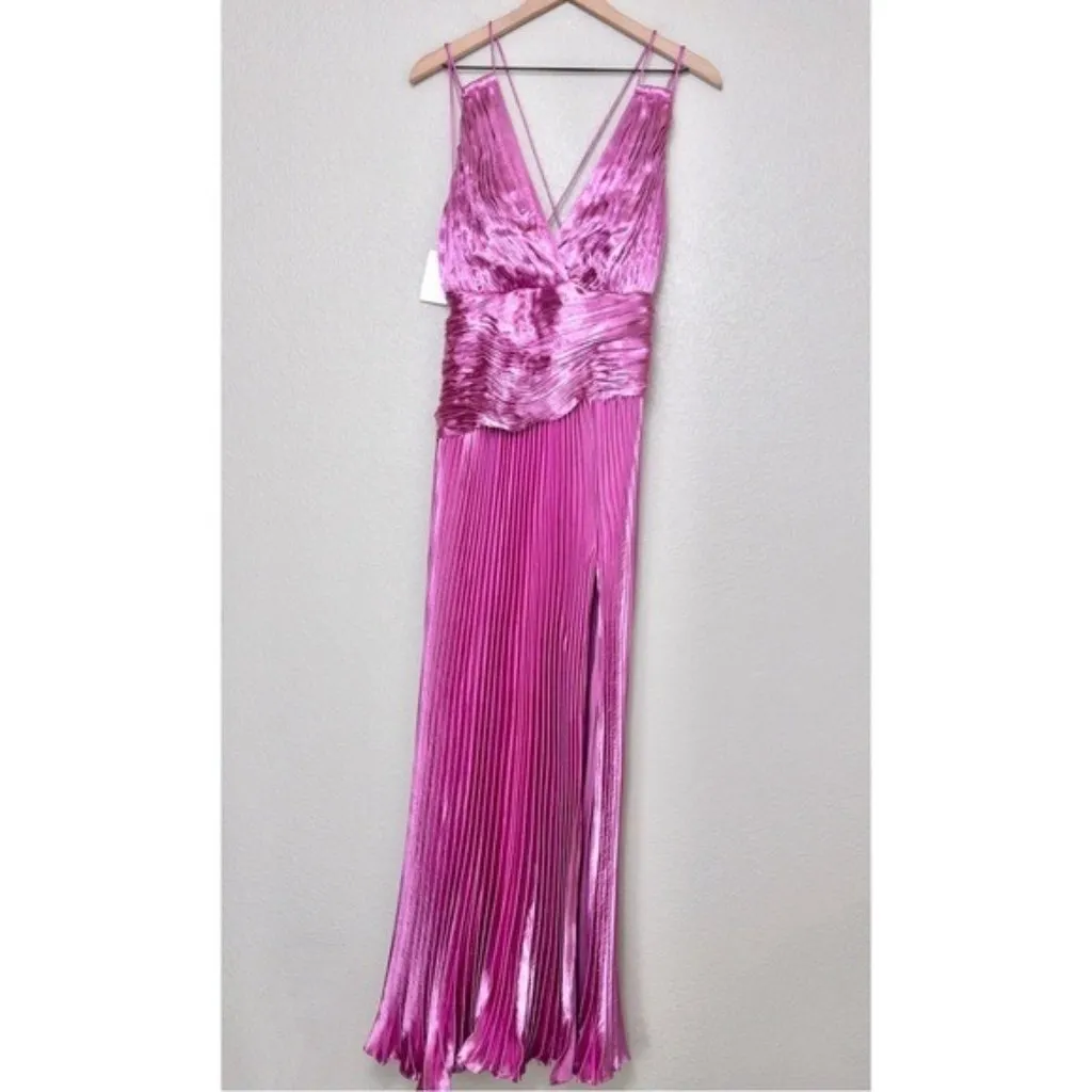 NWT AiiFOS Vera Pleated Metallic Gown 8 Pink Magenta Plisse Ruched Slit Formal - Image 5