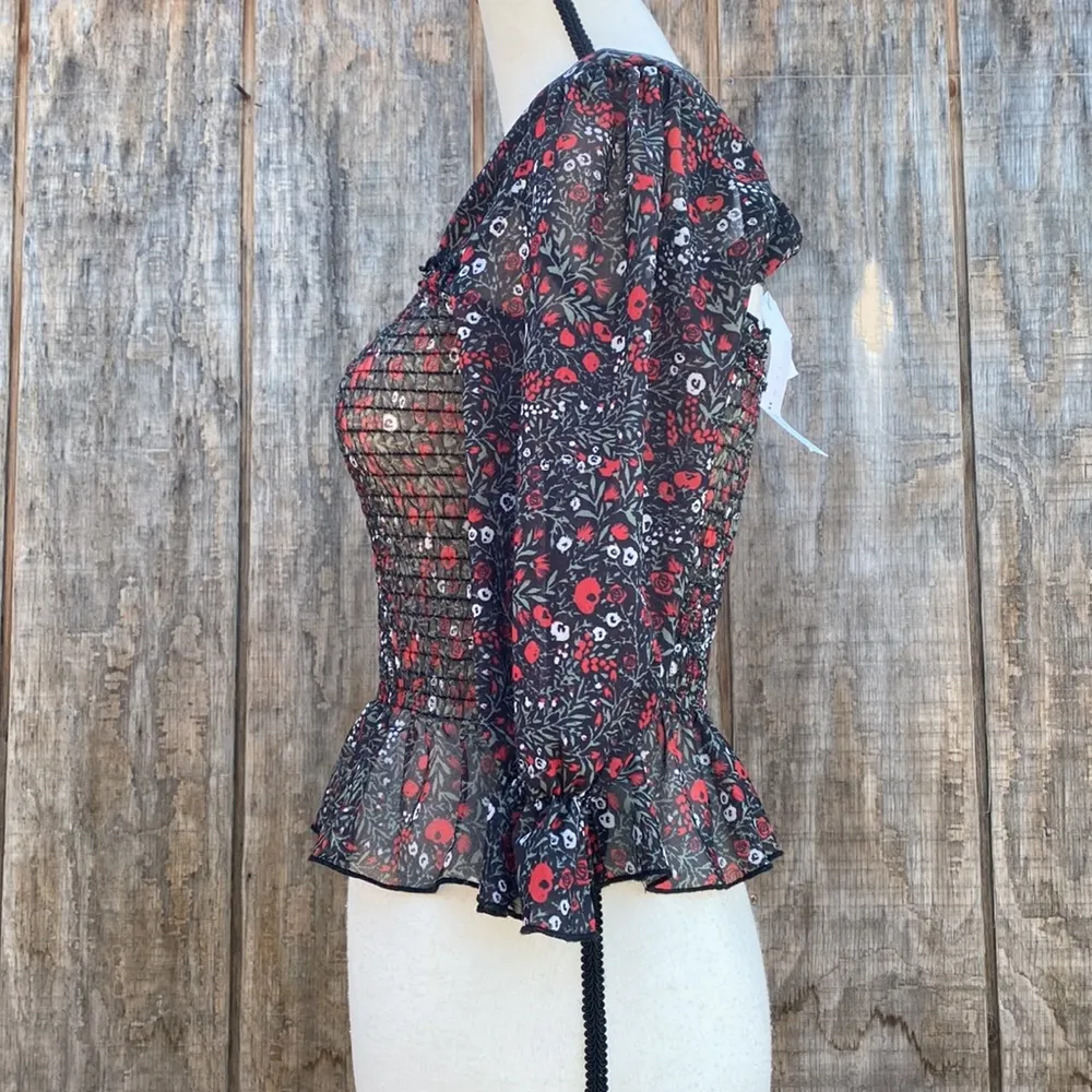 NWT Topshop Floral Smocked Top Strappy Back Rose Print Ruffle Trim Square Neck - Image 2