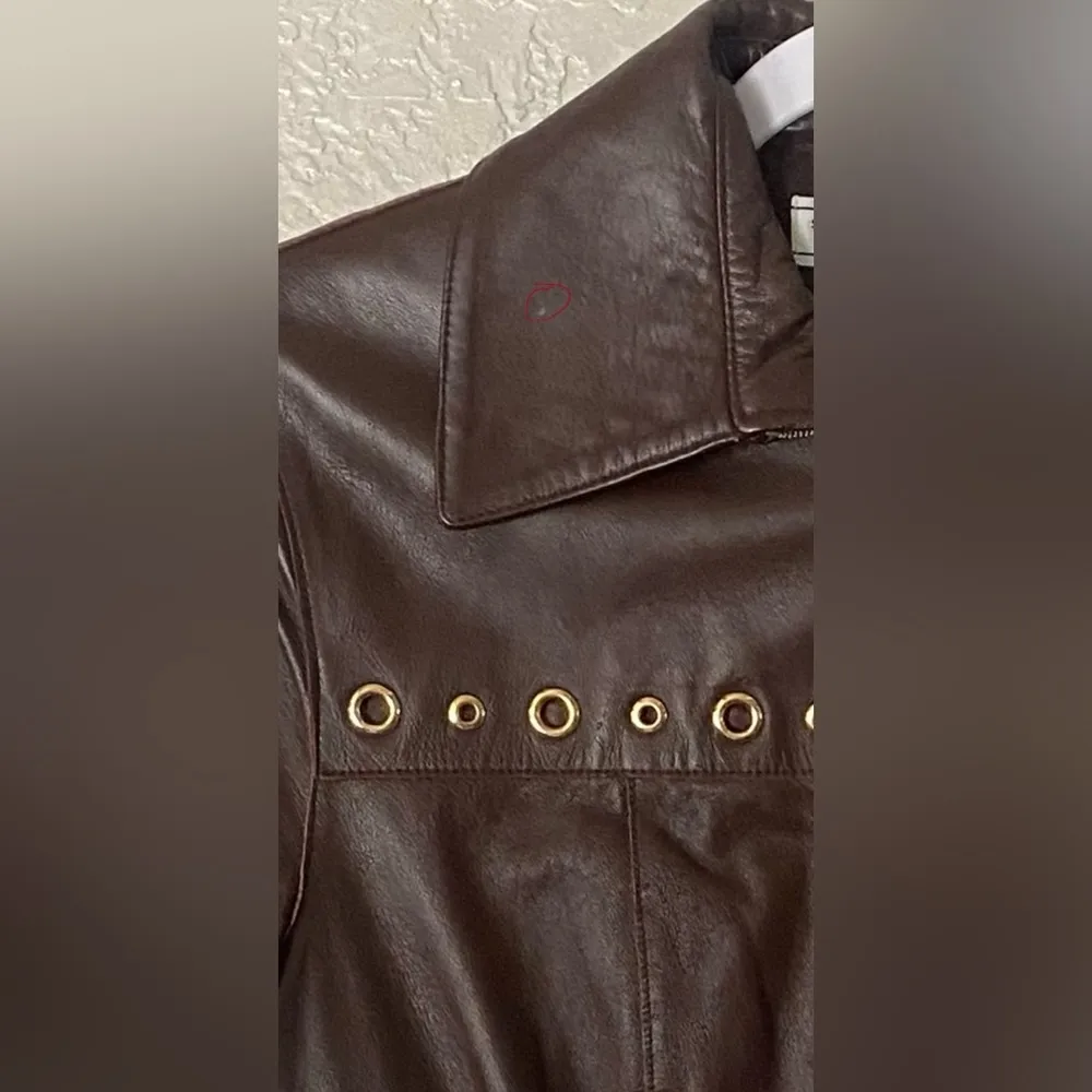 St John Sport Brown Leather Jacket Coat Gold Grommet Y2K 90’s Style Petite Small) - Image 15