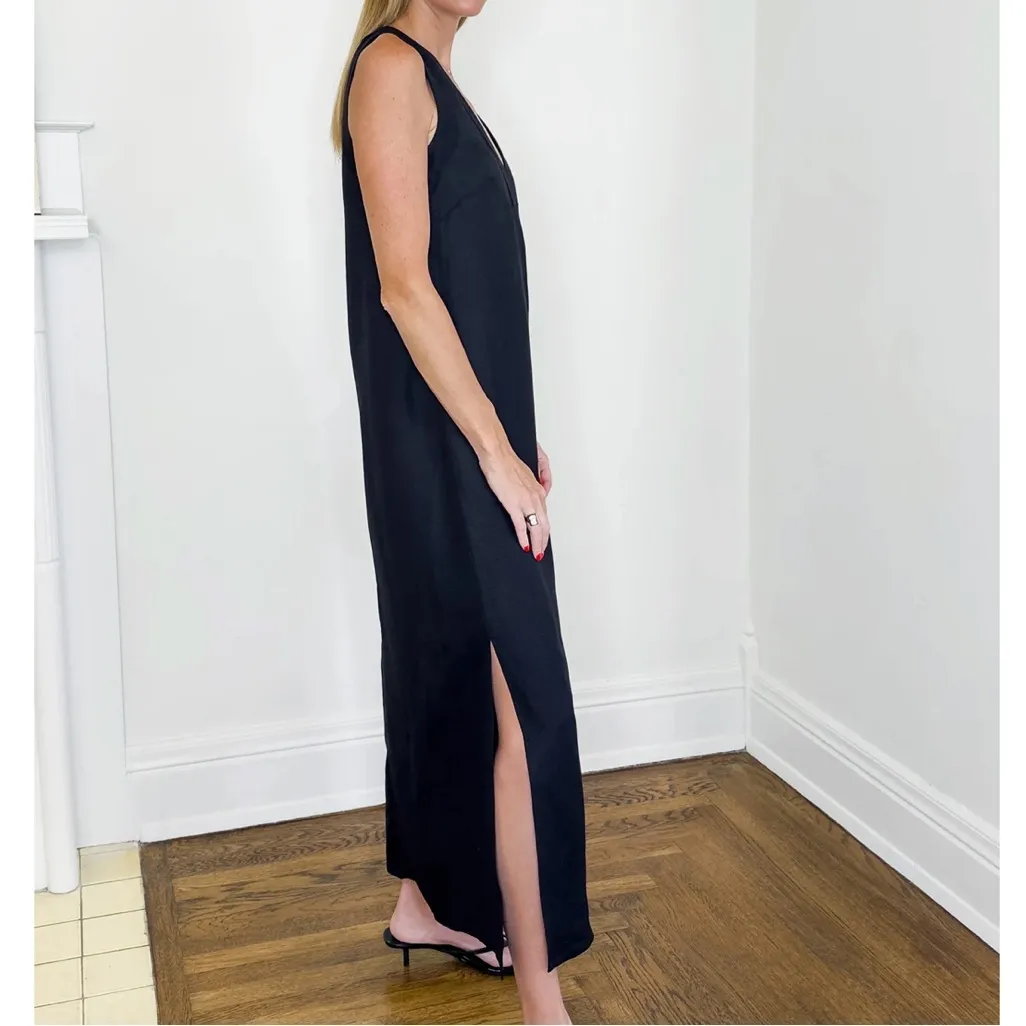 Mabel Frost The Sofia Black Linen V Neck Slits Pockets Maxi Dress Women’s Sz S - Image 2