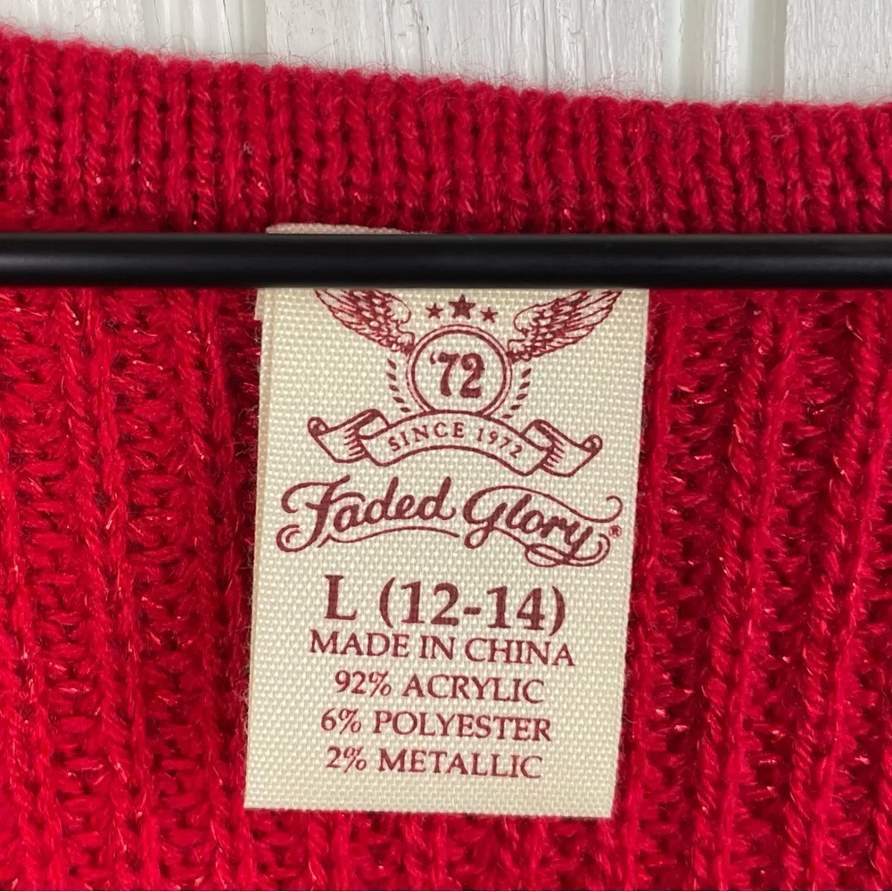 Faded Glory Ribbed Knit V-neck Sweater Metallic Thread Bright Red Size Large - Image 4