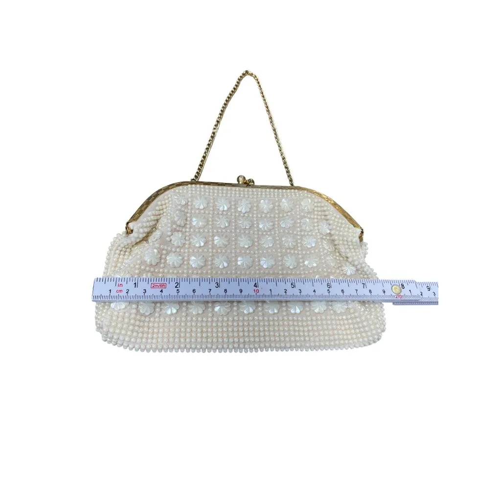 Vintage Honk Kong Pearl Flower Beaded Evening Clutch Purse SKU 9477 White - Image 7