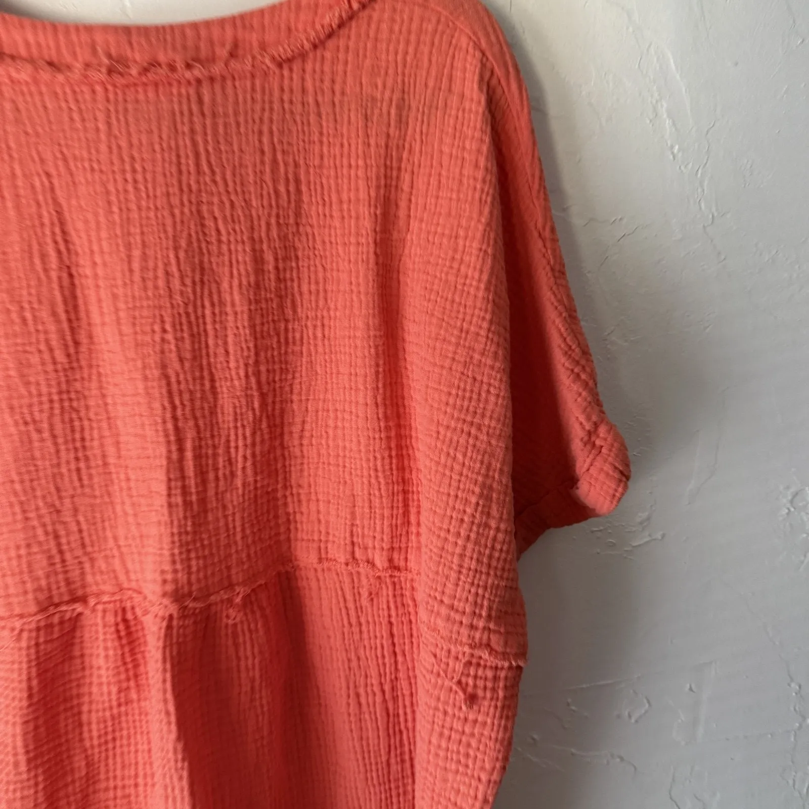 Freckled Poppy Shirt Womens Medium‎ Coral Pink Gauze Textured Pocket Button Top - Image 6