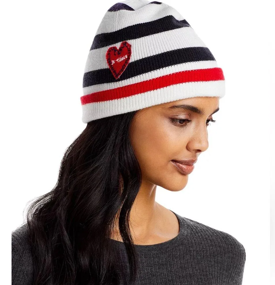 AQUA x Kerri Rosenthal Striped Heart Patch Beanie, New w/Tag - Image 4