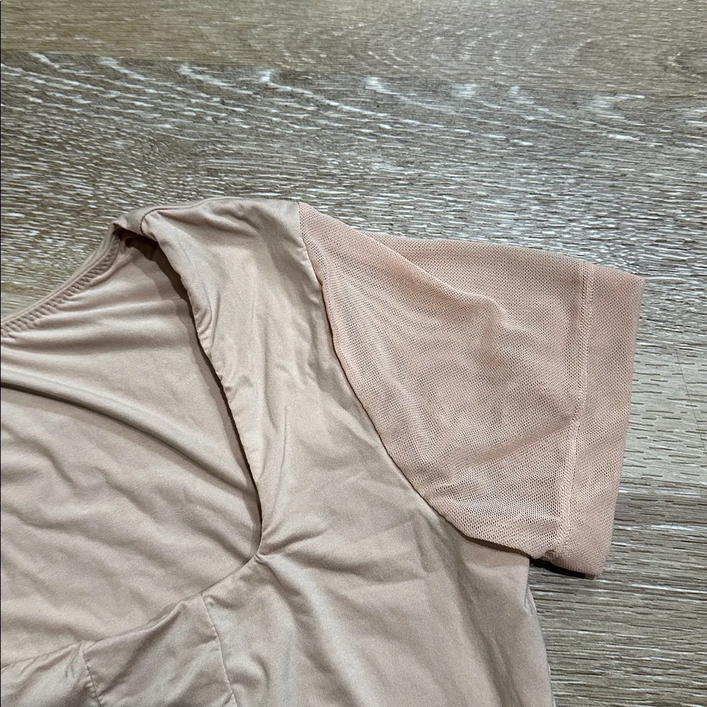 Beige Short Sleeve Bodysuit with mesh sleeves. Medium avidlove Tan - Image 3