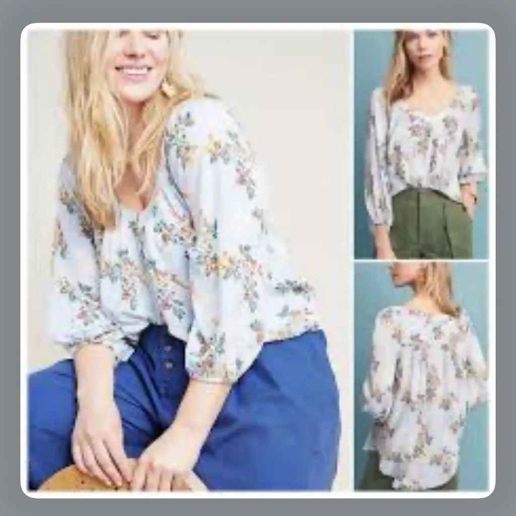 Maeve Anthropologie Boswell Blue Striped Floral Boho Peasant Flowy Blouse Size 8 - Image 3