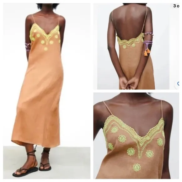 Women’s Linen Tan Slip Embroidered Dress Size XS - Image 2