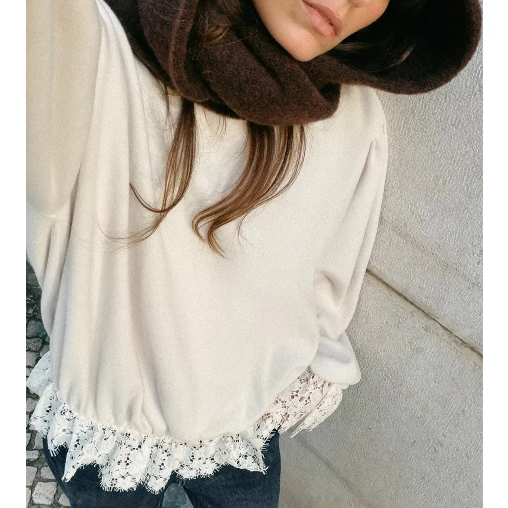 Zara NWT cream long sleeve puff sleeve lace trim top - Image 6