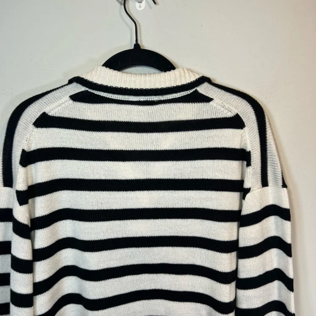 H&M Divided Cropped Polo Sweater Striped Ivory Black Stretch Preppy Women Medium - Image 8