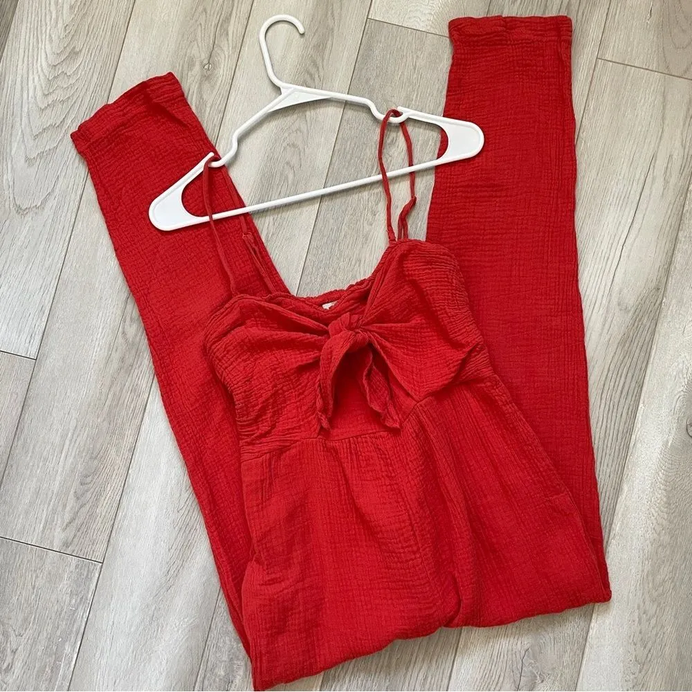 Anthropologie Saturday Sunday Isabel Tie Front Jumpsuit Red (Small) cotton gauze - Image 2