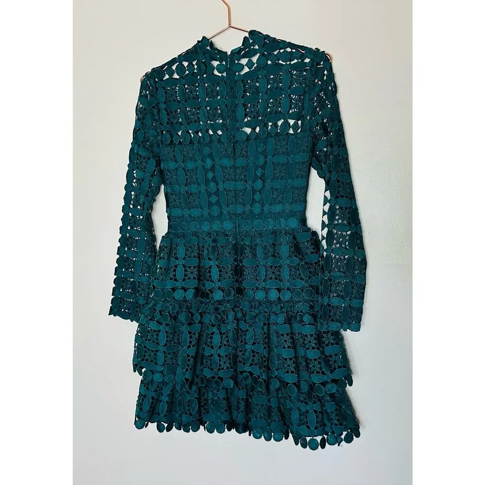 Slate & Willow Women's Teal Full Lace Long Sleeves Full Skirt Mini Dress Size 2 - Image 10