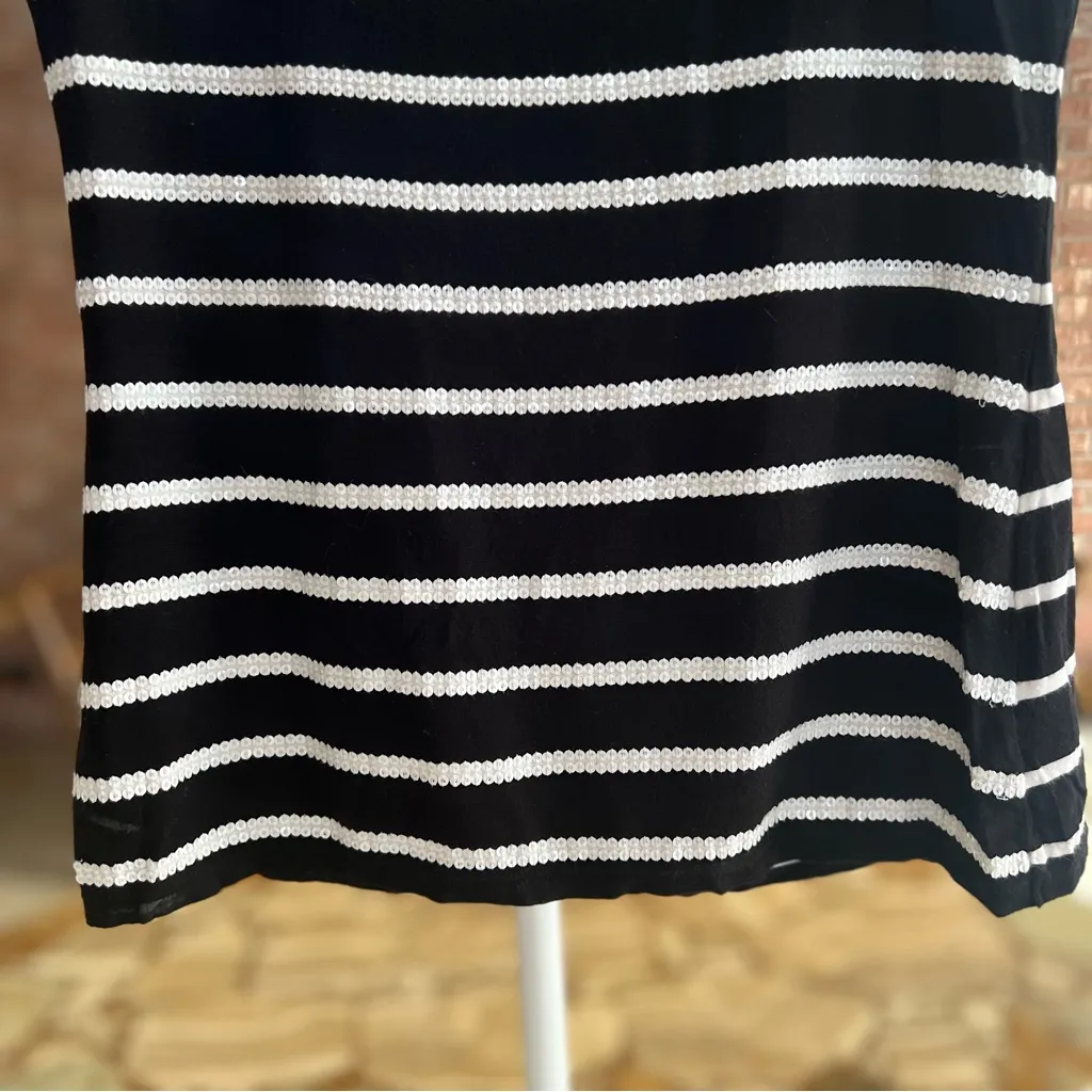 WHBM Top Sequin Black White Striped Tee Shirt XXS Party Festive Chic Holiday Mod - Image 6